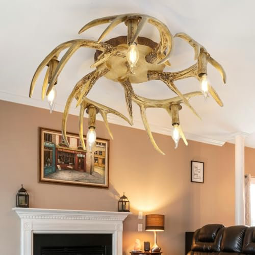 AHQX Deckenleuchte Harzgeweih Kreative Beleuchtung Retro Geweih Pendelleuchte 5 Lichter Bauernhaus Geweih Höhenverstellbare Leuchte Decke E14 Sockel For Home Shop Coffee Bar Hängelampe