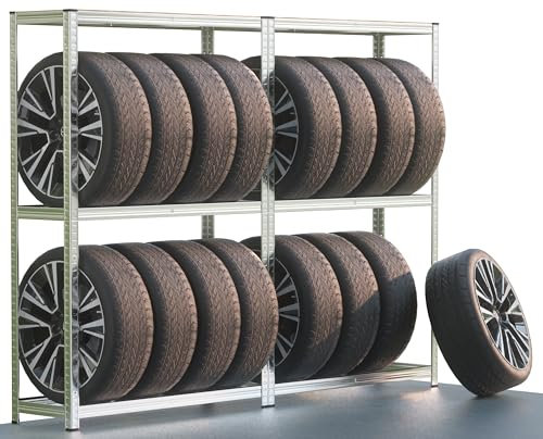 MONZANA® 2x Reifenregal 8 Reifen 795 kg 180x120x40cm inkl Gummischutz höhenverstellbare MDF-Ablage Stecksystem Garage Werkstatt Felgenregal Lagerregal