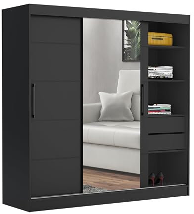 Brent - Kleiderschrank mit Spiegel und Schubladen 200cm Breit Chelsea Tomy, Schwebetürenschrank mit Spiegel, Schlafzimmerschrank, Kleiderschrank Schwarz/Schwarz