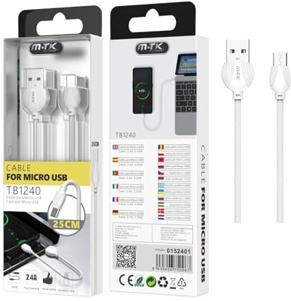 Cable USB - cable micro USB 2.0 M/M de 0.25m, color blanco, ideal para carga y transferencia de datos, fabricado con materiales duraderos.