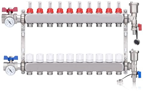 10 Heizkreise Heizkreisverteiler mit 1 Kugelhähne & Thermometer Edelstahl | Anschlüsse für Eurokonus 3/4 | 30x1,5 mm, Fußbodenheizung mit Manueller Entlüfter & Flussmesser Durchflussmesser, HKV Verteil