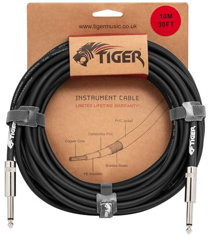 Tiger Cavo per chitarra da 10 m, jack mono a jack da 6,35 mm, connettori in rame, schermato, a basso rumore, per chitarra elettrica, basso, tastiera, amplificatore