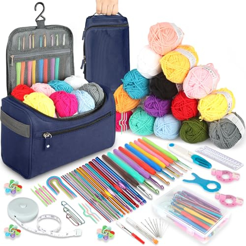 BBWELL Kits de Ganchillo para Adultos Principiantes,Juego de Ganchillo con agujas de ganchillo ergonómicas de 2,0-10 mm, 15 colores de lana para ganchillo, instrucciones