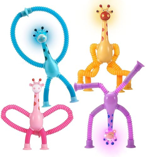 4 Piezas Juguete Telescópico con Ventosa, Juguete Telescópico con Ventosa de Jirafa, Juguete Sensorial de Jirafa para Niños y Niñas