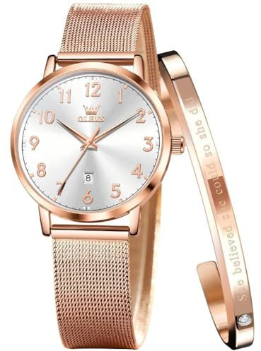 OLEVS Damenuhr, 6,5 mm, ultradünnes Mesh-Armband, wasserdicht, japanisches Quarz, modisch, Datum, Damen-Armbanduhr, 5653: Roségold und Silber, Armband