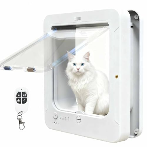 Electronic Cat Door, Microchip Smart Pet Door Flap with 2 Collar Keys and Remote, 4 Way Locking, Automatic Unlocking, Opening Size: 7 7/8 X 7 1/2, for Pets Up To 25 Lbs white