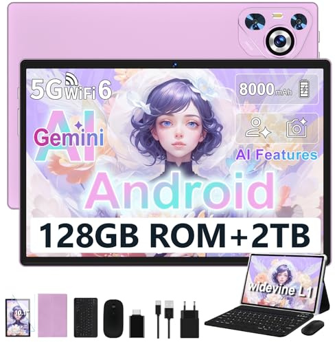 Dghrti Tablet 10 Zoll Android, 22GB RAM 128GB ROM/TF 2TB, Octa-Core Prozessor, 8000mAh, BT5.0, 8MP+5MP, Dual WLAN, Face ID, Widevine L1, Augenschutz, Tablet mit Tastatur & Maus Metallkörper, Lila