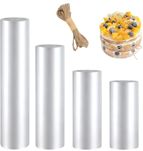 Tortenrandfolie 4 Rolle, Tortenfolie 8cm/10cm/15cm/20cm Hoch×10m Acetat Folie Transparent mit Hanfseil Tortenring Plastik Folie Torte Wiederverwendbar für Tortendeko Mousse Kuchen