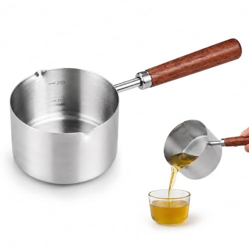 250ml Mini Milk Pan Wooden Handle Measuring Small Sauce Pot with Pour Spout | Compact Mini Heating Pot with Internal 100/200ml Scale, Heat Insulated Wood Handle for Melting Butter Warming Milk