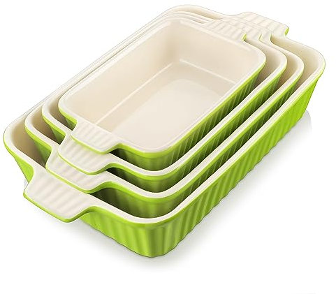 MALACASA Série BAKE, Lot de 4 Plats à Four en Céramique Blanc, 3020ml, 2080ml, 1480ml, 850ml, Plats à Gratin avec Poignées, Passe au Lave-vaisselle, Idéaux pour Cuisson et Gratin - Vert