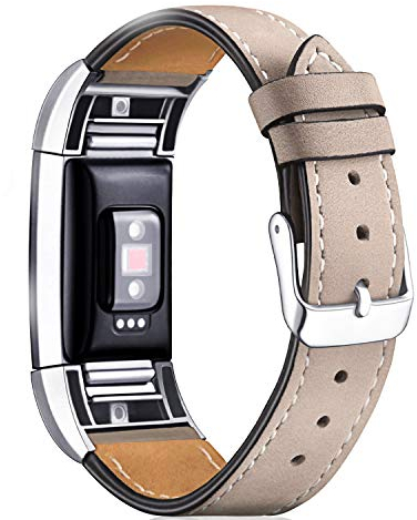 Mornex Für Fitbit Charge 2 Armband, echtes Leder-Armbänder, Unisex-Ersatzband mit Metall Konnektoren(5,5-8,1) Beige