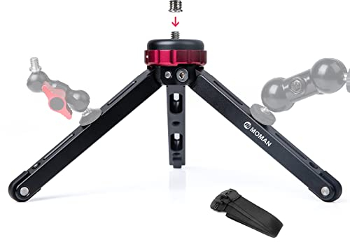 Moman Mini Treppiedi, TR01 Tavolo Treppiedi Piccolocon Attacco a Vite 1/4 e 3/8 Mirrorless con Carico Massimo di 80 kg Alluminio CNC per Fotocamera Camere Reflex Smartphone DSLR, Nero Rosso