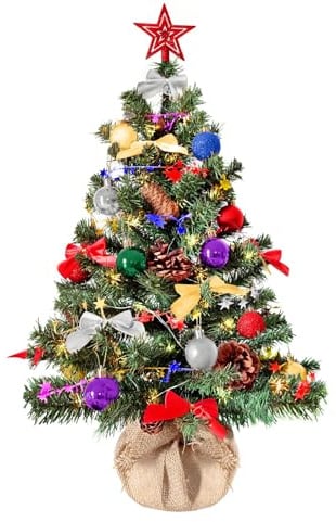 Weihnachtsbaum künstlich (WBD) 75 cm grün mit Weihnachtsdeko bunt und Led Lichterkette mit Batteriebox und Fernbedienung künstlicher Christbaum klein Tannenbaum