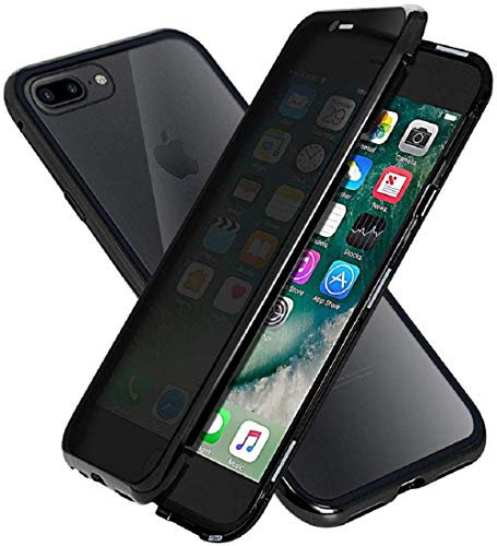 Anti-Peep Coque pour iPhone 7 Plus/ 8 Plus Anti-Espion Cover 360 Degrés Protection Adsorption Magnétique Étui Métal Cadre Intimité Protection Verre Trempé Couverture de protection anti-regards,Noir