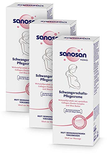 sanosan Schwangerschaftscreme klinisch getestet - Beugt Dehnungsstreifen & Schwangerschaftsstreifen vor - Schwangerschafts Pflegecreme ohne Paraffinöl, Farbstoffe, Silikone & Parabene (3x 200 ml)