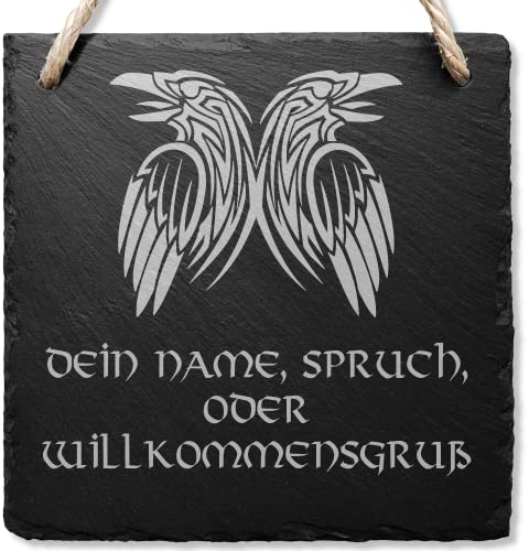 Kreativknoten - personalisiertes Schiefer Türschild | Name oder Spruch | Wikinger Deko | Wanddeko | Motiv Odins Raben