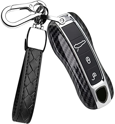 HIBEYO Samrt Coque de clé de Voiture Compatible avec Porsche avec Porte-clés étui de Protection pour Porsche Macan Boxster Carrera Taycan 911 971 Panamera Cayenne ABS en Fibre de Carbone NOI