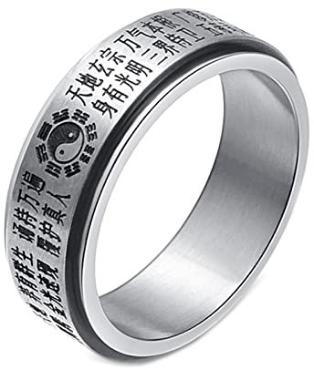 Mesnt Edelstahl Ringe, Chinesischer Mantra Yin Yang Tai Chi Spinner Bands Ring Silber schwarz Größe 54 (17.2)