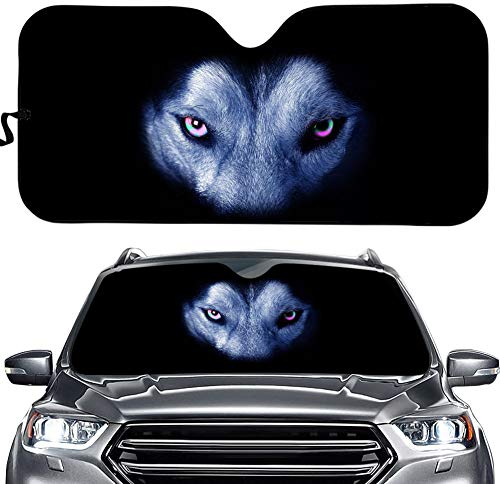 Hixingo Auto Frontscheibe, Sonnenschutz für Windschutzscheibe, 3D Tier Auge Motiv Frontscheibenabdeckung, Faltbares Design Auto Sonnenschutz, UV-Schutz, für meisten Autos (Wolf)