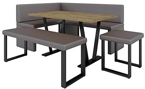 Eckbank Akiko Metal mit Tisch und Bänken - Eckbankgruppe für Ihrem Esszimmer, Küche modern, Sitzecke, Essecke. Perfekt für Küche, Büro und Rezeption. Solide Verarbeitung (Soft 30, 196x142 rechts)