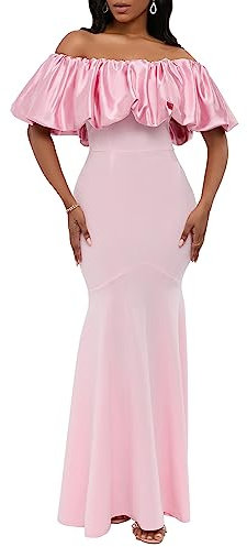 IWFEV Robe longue moulante sirène sans manches en satin pour femme avec volants, rose, Taille XL