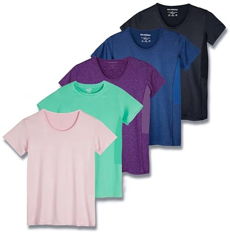 Real Essentials 5er-Pack: Damen Dry Fit Tech Stretch Kurzarm Rundhals Athletic T-Shirt, Set 15, Large