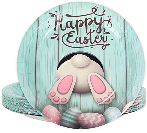 Whaline Easter Paper Plates Happy Easter Round Disposable Plates 9 Inch Cute Easter Egg Bunny Decorative Tableware for Easter Holiday Birthday Party Supplies Table Decorations, 24Pcs