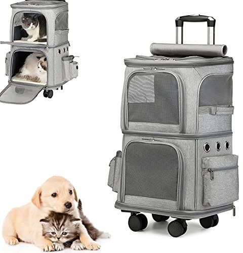 Katzenrucksack, Katzenrucksack für 2 Katzen, doppellagiger, atmungsaktiver Kätzchen-Reiserucksack, fahrbarer Haustier-Tragerucksack, Haustier-Kinderwagen (Color : Light Grey)