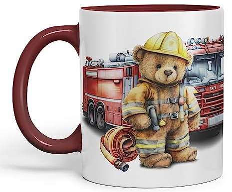 Vixar Tasse en céramique colorée sur le thème des pompiers en forme d'ours en peluche, cadeau d'anniversaire, travail, thé, café (marron)