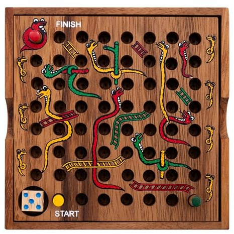 Engelhart - 350280- Snakes and ladders game in a wooden box - travel game for age 4 plus - 2 to 4 players 13.5 x 13.5 x 3.5 cm