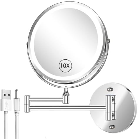 AusDaur 8” Lighted Wall Mounted Makeup Mirror 1x/10x Magnifying Vanity Mirror with Lights Rechargeable LED 3 Color Adjustable Brightness Bathroom Mirror Touch Switch 360°Rotating Shaving Mirror