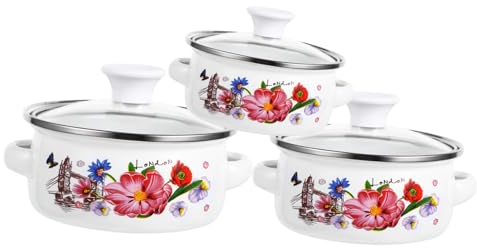 IWOWHERO 3Stücke Teiliges Emaille Suppentopf mit Doppeltgriffen Dekorativer Flacher Boden Kochtopf für Suppen Instant-nudeln und Eintöpfe Stilvolles Küchengeschirr mit Blumenmotiv