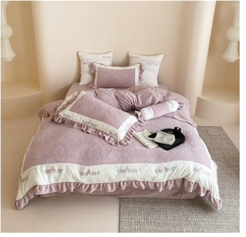 Bettwäsche-sets Samt-Bettbezug-Set, 4-teilig, Weich, Flauschig, Mit Reißverschluss, Bettwäsche-Set, Bettlaken Bettwäsche Kissenbezüge (Color : Purple, Size : Queen)