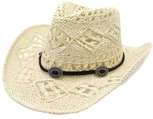 Sombrero de vaquero de paja Protección solar Vaceta de paja Sombrero transpirable Beach Wide Brim Western Cowgirl Hat Travel Travel Sombreros Sombreros Cowboy para mujeres y hombres Camping