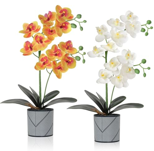 LOMOHOO Fiori di orchidea artificiali in vaso (52 cm), 2 fiori di orchidea in vaso con vaso di plastica per decorazione da tavolo, decorazione per la casa, ufficio, festa di matrimonio, decorazione
