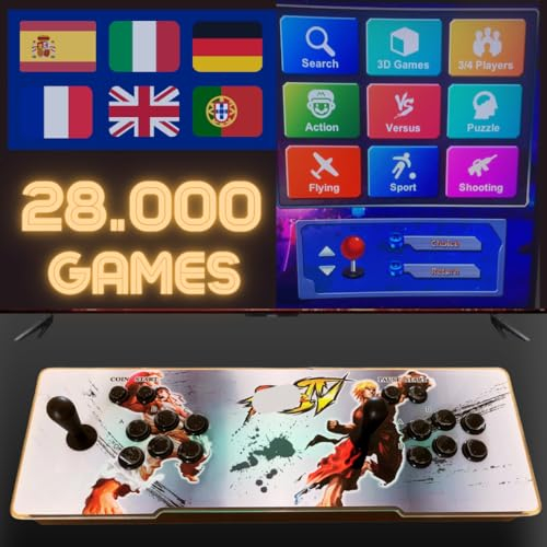 Macchina Arcade con 28000 giochi retrò e giochi 3D con LED che cambiano colore, sistema audio e joystick ovali