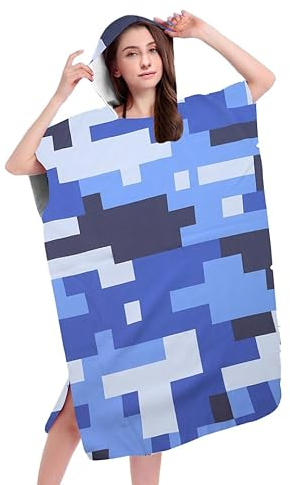 FEBE Badeponcho Bademantel Blau Camo Damen Herren 145x80 cm Badetuch mit Kapuze Surf Poncho Mikrofaser Kuschelig Schnelltrocken
