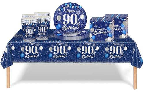 53Pcs Navy Blue and Sliver 90th Birthday Party Tableware Decorations,90th Birthday Table Cloth Plates and Napkins Cups Sets for Women Him Men Birthday Table Decor for 90th Birthday Gifts Dinnerware