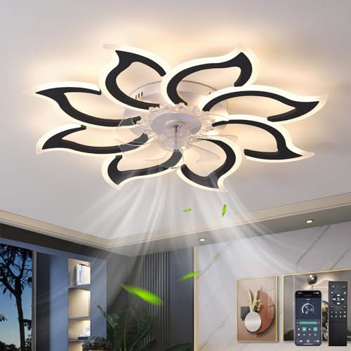 Inteligente Ventilador De Techo Con Luz Con Mando A Distancia App Regulable Memoria Flor Lampara Ventilador Reversible 6 Velocidades Silencioso Dormitorio Ventilador Techo Luz Salón Φ 94cm, Negro