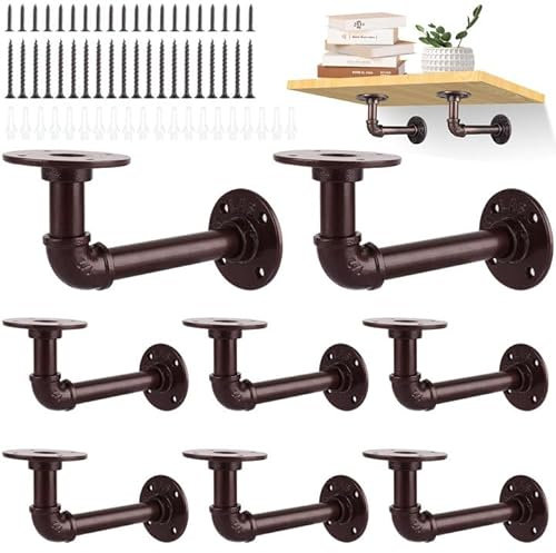 GBACHOOSE 8Pcs Industrial Pipe Shelf Brackets, Bronze Pipe Brackets Floating Shelf for Book Shelf Floating Shelves, Custom Wood Shelves Wall Mounted, Metal Rustic Pipe Decor with Hardware Included