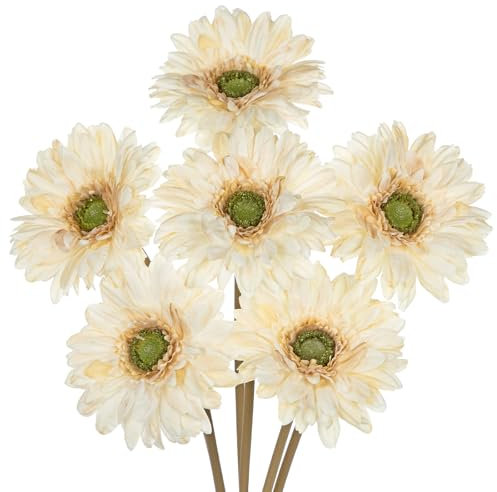Hollyone 6PCS Kunstblumen Gänseblümchen Künstliche Gerbera Beige Gefälschte Blume mit Stiel Künstliche Afrikanische Gänseblümchen Deko für Party Haus Küche Garten Hochzeit Dekoration