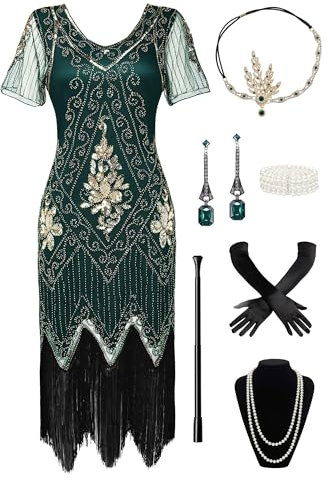 BABEYOND 1920s Women's Flapper Dress with Short Sleeves Gatsby Theme Party Women's Costume Dress Set - DarkGreen
