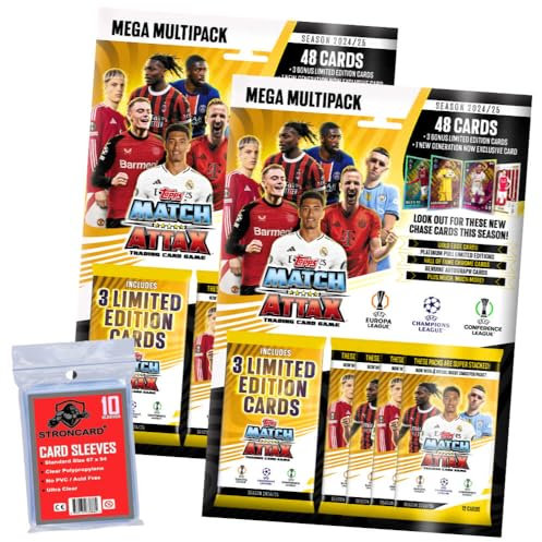 Bundle mit Topps Match Attax Karten Champions League 2024-2025 Trading Cards - Exklusive 10 STRONCARD Sammelkarten Hüllen - 2 Multipack
