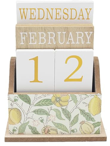 Lesser & Pavey William Morris Ewiger Kalender mit Fruchtmotiven, wiederverwendbarer Holzblockkalender für Heimdekoration, eleganter Tagesorganizer mit künstlerischem Blumendesign, umweltfreundlicher