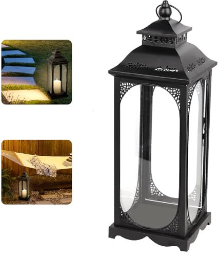 Caossuixin Kleine Schwarze Metall-Laterne | Gartenlaterne | Deko Laternen für draußen & drinnen | Balkon & Garten | Retro Windlicht für Kerzen, Weihnachtstag Halloween Kerzenhalter - 34 * 12 * 8.5cm