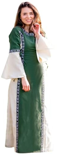 Leonardo Carbone® Damen Kleid Bordüre Sophie | Verstellbare Schnürung | Fließende Trompetenärmel | Karneval, Halloween, Cosplay, LARP, Mittelalter, Fantasy, Kostüm | 100% Baumwolle Grün/Natur 3XL