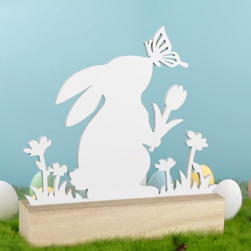 BETESSIN Tischdeko Ostern Holz - Weiße Hase Tischdeko mit Basis zum Hinstellen - Osterhase Deko Holz - Osterdeko Modern - Tischdekoration für Frühling und Ostern