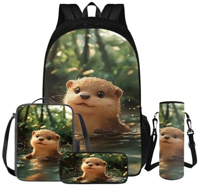 TSOVTHRID Rucksack für Schule, Kinder, 4-teilig, leichte Büchertasche und Lunchbox-Set für Jungen und Mädchen, Schultaschen von 10–12 Jahren, otter