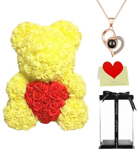 Rose Bear Gift with Heart-Shape Design, 16 Inch Artificial Flower Rose Teddy Bear with Gift Box, for Anniversary, Mother's Day, Wedding, Birthday, Romantic Gift for Her (Yellow)