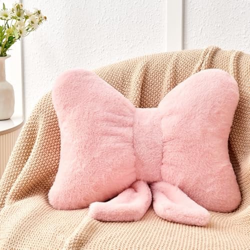 Mepherl Kissen mit Schleife, weiche Schleife mit Kaninchenfell, niedliches Plüschkissen, ästhetische Schleife, dekoratives Kissen für Bett, Sofa, Couch, Größe L, 40,6 cm